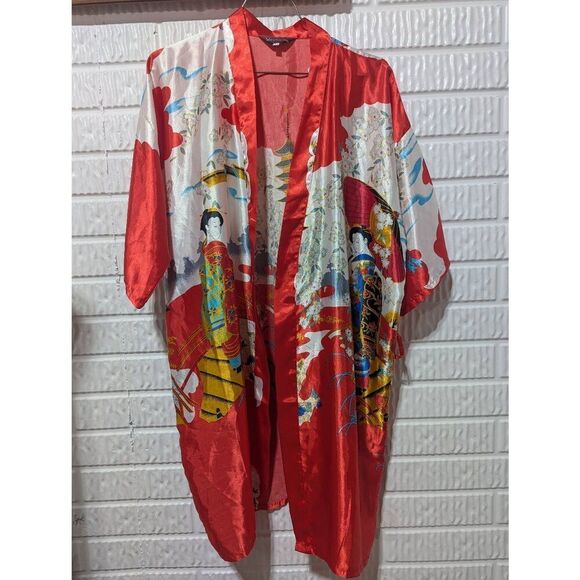 Uahong Mei Women's Red Beautiful Japanese Print Silk Robe Size M - Picture 1 of 6